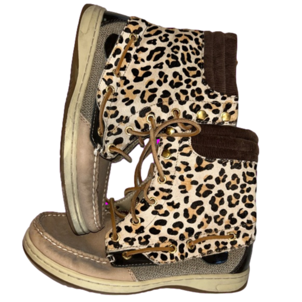 Sperry Leopard Print Lace-Up Wedge Boots - Brown/Tan
